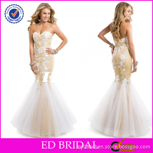 2858 Latest Design Champagne Lace Applique Mermaid Open Back Ladies Long Evening Party Wear Gown